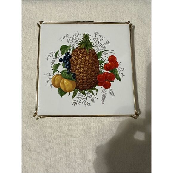 1970 Vintage Fruit Ceramic Tile Framed Artwork Trivets Set of 3 - Picture 2 of 8